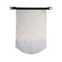 A waterproof bag in white, featuring a rounded bottom and a black strap closure, with a logo on the surface.