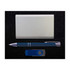 A powerbank gift set includes a sleek silver powerbank, a stylish blue pen, and a compact USB flash drive.