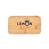 A bamboo cutting board featuring the words "Lemon & Lime" in blue and orange with a logo design.