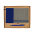 A navy and gray notebook paired with a silver pen, presented in a kraft gift box.