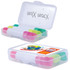 A clear plastic case containing highlighters in pink, green, and yellow colors, with a logo on the front.