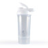 A clear protein shaker with a white lid and spout, featuring a spiral mixing ball inside.