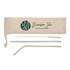 A pouch containing a stainless steel straw, a curved straw, and a cleaning brush, all in natural tones with a logo.
