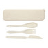 A cream-coloured eco cutlery set featuring a spoon, fork, knife, and carrying case. Includes a brand logo.