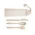 A calico pouch containing a knife, spoon, and fork, all in a natural, eco-friendly colour.