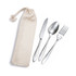 A cutlery set featuring a knife, fork, and spoon in a calico pouch. The cutlery is stainless steel with a sleek design.