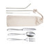 A calico pouch containing stainless steel cutlery: a knife, fork, spoon, straw, and cleaning brush.