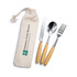 A cutlery set featuring a knife, fork, and spoon with wooden handles in a canvas pouch. The pouch has a logo.