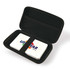 A white power bank inside a black zippered case, featuring a logo on the top.