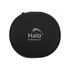 A black round case with a logo, designed for holding headphones.