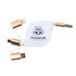 A retractable charging cable with a white body and copper accents, featuring connections for multiple devices.
