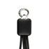 A black charging cable connector with a shiny silver attachment ring, featuring a sleek design.