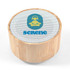 A bamboo Bluetooth speaker with a round shape and a mesh top featuring a logo.