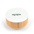 A round speaker and wireless charger with a white top and bamboo base, featuring a logo on the surface.