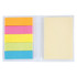 A set of sticky notes in various bright colours, including pink, orange, yellow, green, and blue, in a clear holder.