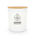 A medium glass candle with a white frosted finish and a bamboo lid, featuring a logo.