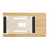 A phone stand made of bamboo, featuring a sleek design with white and black accents.