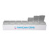 A weekly pill box with a white base and clear compartments, featuring a logo on the front.