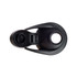 A drink bottle lid featuring a free flow design, primarily in black with a smooth finish. It has a logo.