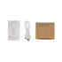 A wireless charger set including a charging cable, instruction manual, and a cardboard box with a folding stand design.