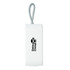 A compact white mini speaker with a grey strap and a logo on the side.