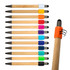 A collection of bamboo pens in various colours, featuring a logo and a spinner mechanism on one pen.