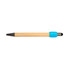A bamboo pen with a blue grip and a black tip, featuring a logo on the barrel.