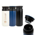 A double wall coffee cup with a black lid, available in white, blue, and black, featuring a logo on one side.