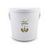 A white bucket with a playful design featuring a castle and text that reads "PLAY LANDIA!"