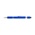 A blue pen with a silver clip and detailing, featuring a textured grip and a stylus tip. It has a logo.