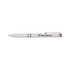 A white pen with a silver clip and accents, featuring a logo on the barrel.