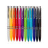 A collection of pens in various colours, including white, orange, yellow, pink, green, blue, and black, with silver accents.