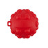 A red, round toy with a textured surface, featuring small raised bumps and a loop for attachment.