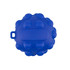 A blue rubber ball with a textured surface and a small loop, featuring rounded protrusions on its exterior.