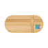 A bamboo phone stand in a light natural colour with a blue logo, featuring slots for holding a device.