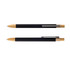 A black metal pen with wooden accents, featuring a silver clip and a sleek design. Includes a branded logo.