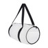 A white duffle bag with black straps and a zippered pocket, featuring a logo on the side.