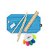 A blue pencil case filled with wooden pencils, an eraser, a ruler, and a multi-coloured highlighter set.