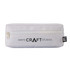 A white pencil case with a zipper and a logo on the front. It has a rectangular shape.