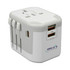 A white travel adaptor with multiple plug options and USB ports, featuring a logo on one side.