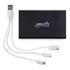 A black portable charger with multiple white charging cables attached and a branding logo.