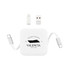 A white charging device with a retractable cable and USB ports. It features a logo and a sleek, modern design.