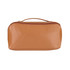 A tan travel bag with a zip closure and a handle on top. The bag has a glossy finish and a simple design.