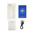 A blue power bank with a logo, accompanied by a user guide and a USB cable, in a product box.