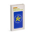 A power bank in a packaging box, featuring a natural bamboo design and a blue front with a logo.