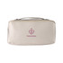 A cream cosmetic bag with a logo on the front, featuring a zip closure and a handle for easy carrying.