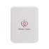 A white rectangular product featuring a logo in the centre with pink and gold accents.