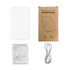 A white power bank with a sleek design, accompanied by a charging cable and an instruction manual.