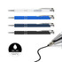 Four gel ink pens in silver, blue, dark blue, and black, with a liquid ink droplet graphic.