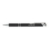 A black gel ink pen with a sleek design and silver accents, featuring a logo on the barrel.